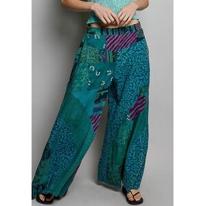 Teal Patchwork Wide Leg Pants